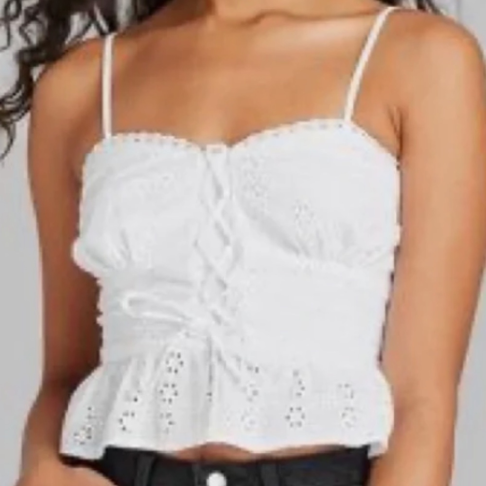 Strappy Lace Up Eyelet Peplum Crop Top - Picture 2 of 3